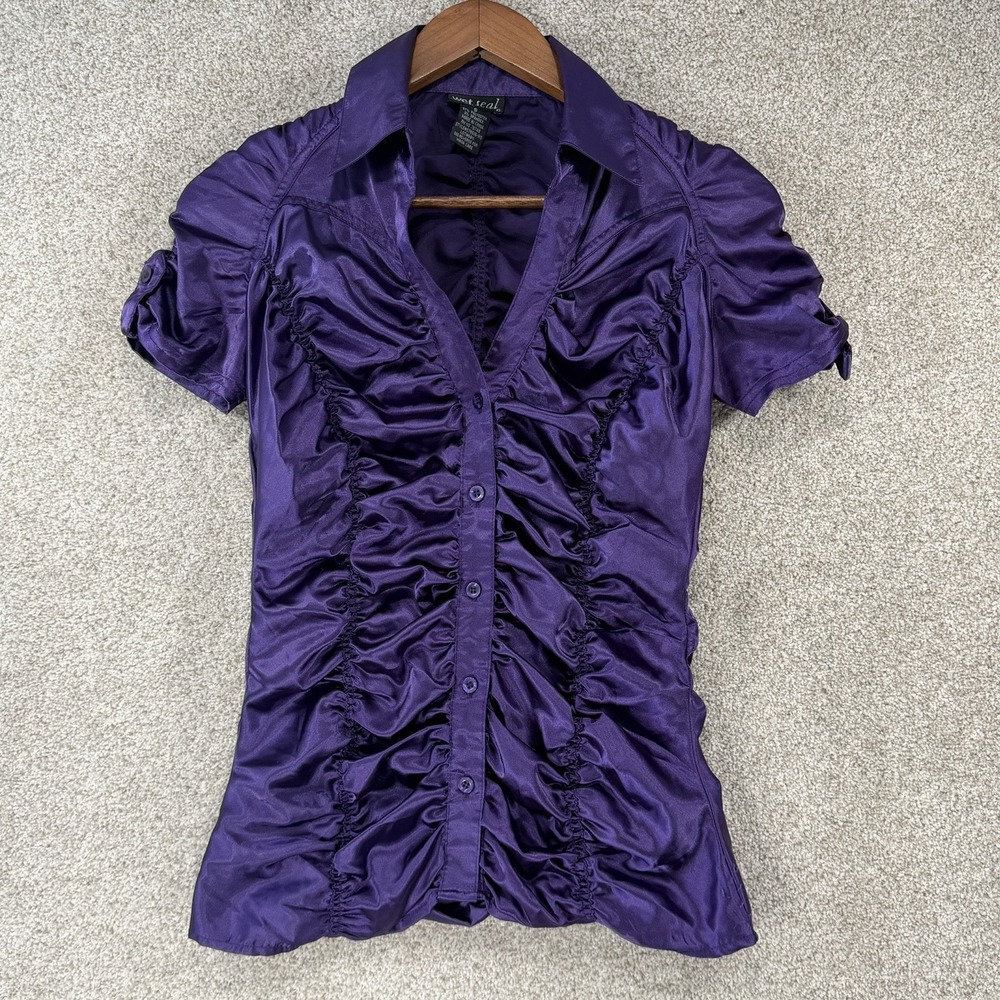 Wet Seal Purple Ruched Button-Up Blouse